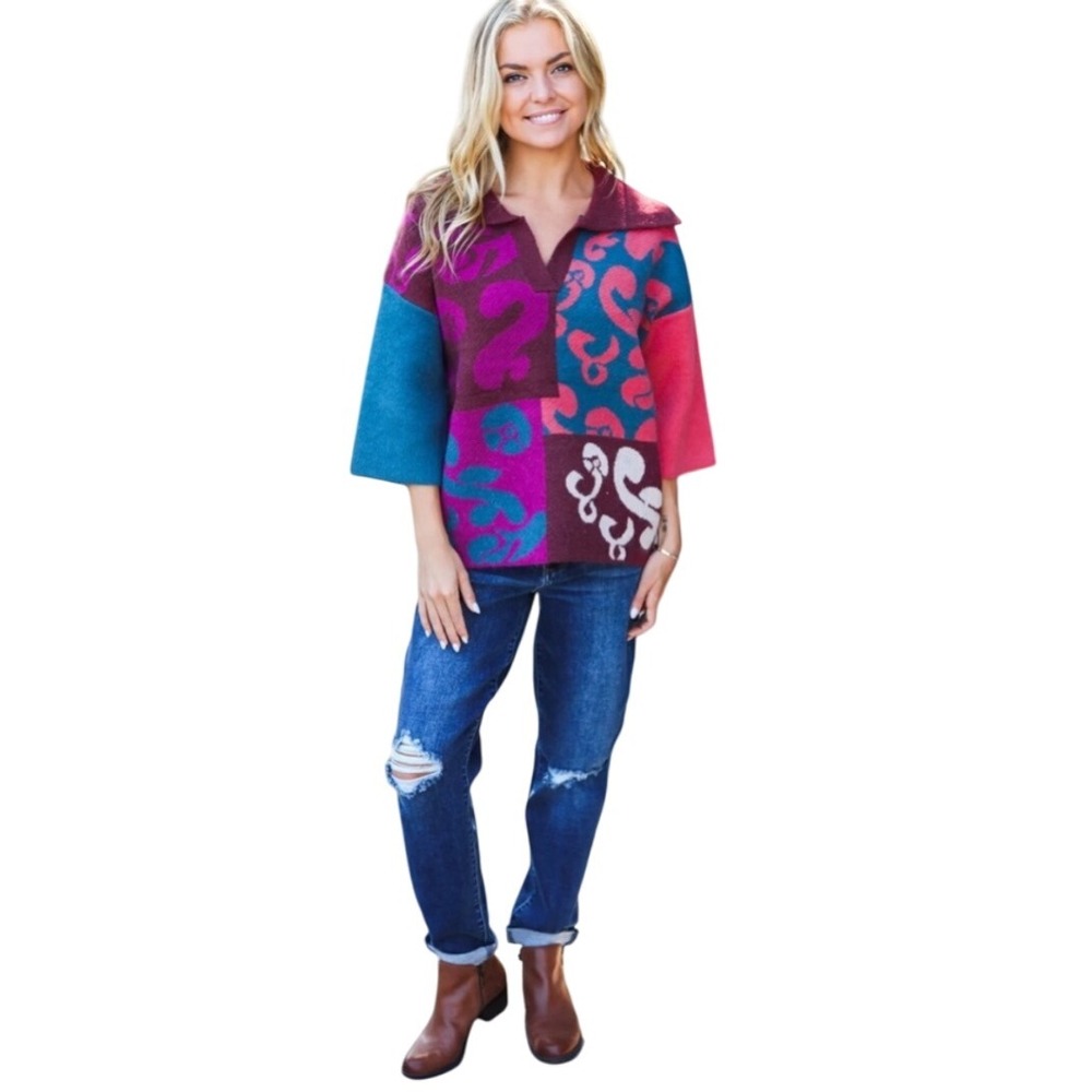 Entro Patchwork Pullover Sweater 3/4 Sleeve Bold … - image 2